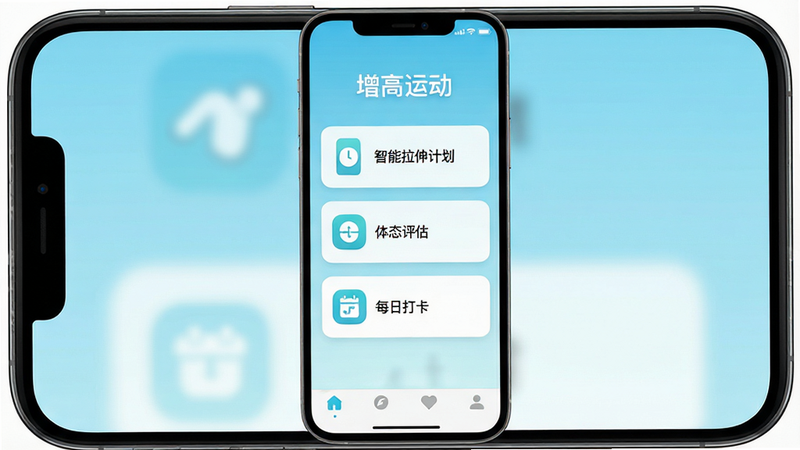 一张高清的智能手机屏幕截图,屏幕中央显示“增高运动”App的主界面,背景为清新的浅蓝色渐变。界面顶部显示应用名称,中部是三个核心功能入口图标:智能拉伸计划、体态评估、每日打卡。底部有导航栏。整体风格现代、扁平化,UI设计简洁清晰,无多余装饰,4K分辨率,高保真,干净无噪点。