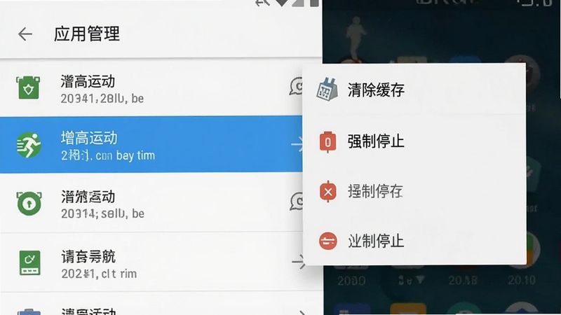 手机设置界面截图,显示“应用管理”列表,其中“增高运动”被选中,右侧弹出菜单显示“清除缓存”、“强制停止”等选项。界面风格为典型的安卓原生设置界面,清晰展示操作路径,高清晰度,无模糊。