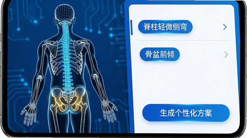 手机界面展示体态评估结果页,左侧为人体骨骼线框图,高亮显示脊柱和骨盆区域,右侧列出“脊柱轻微侧弯”、“骨盆前倾”等诊断标签,下方显示“生成个性化方案”按钮。界面科技感强,蓝色与白色为主色调,清晰展示数据可视化效果,无水印,高清晰度。