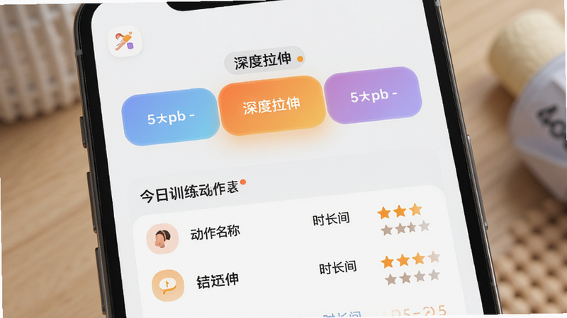 手机界面展示训练计划进度条,分为三个色块代表不同阶段,当前高亮显示第二阶段“深度拉伸”。下方列出今日训练动作列表,包含动作名称、时长和难度星级。界面布局整齐,图标圆润,色彩柔和,体现循序渐进的设计理念,4K画质,细节丰富。
