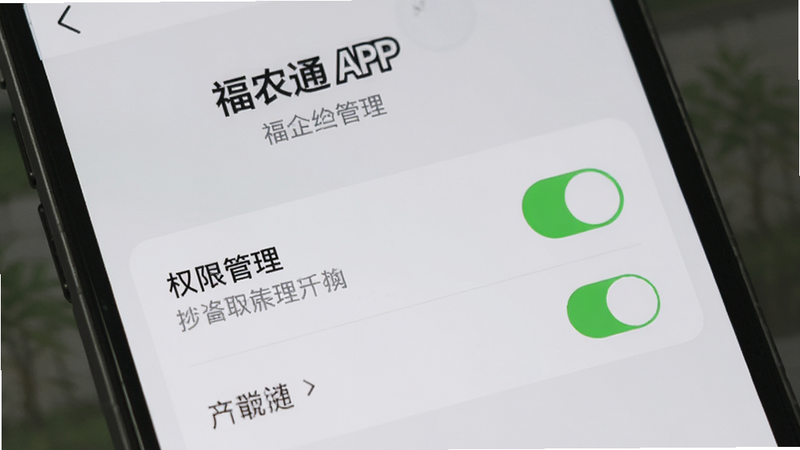 福农通APP在手机屏幕上的设置界面,显示权限管理选项,开关按钮清晰可见,背景为浅灰色,界面简洁,文字说明简短明了,高清,干净,无多余元素