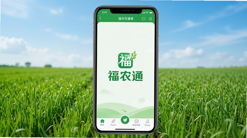 画面主体为福农通APP界面全屏展示,背景为清新的绿色农田与蓝天,界面中央突出显示“福农通”Logo,底部导航栏清晰可见,整体风格为扁平化设计,色彩以清新绿和白色为主,文字清晰可读,高清,干净,无多余元素