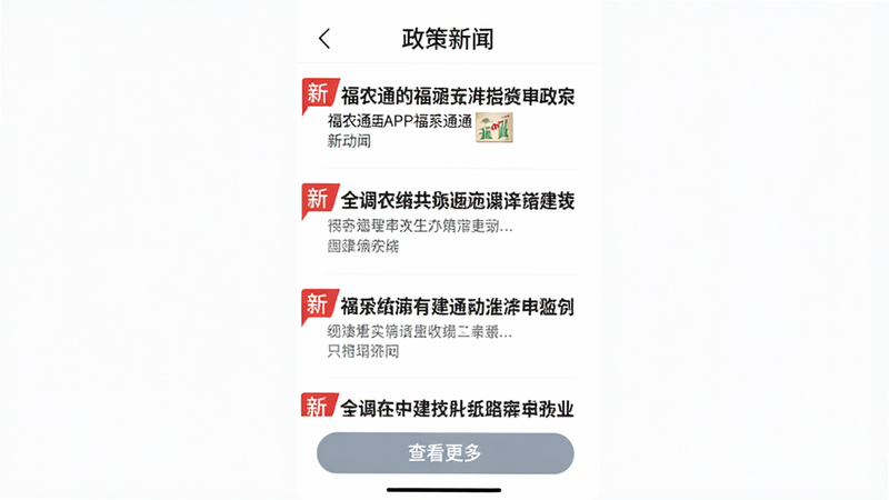 福农通APP内的政策新闻列表界面,每条新闻前有红色的“新”字标签,标题加粗显示,背景为白色,列表行间隔清晰,底部有“查看更多”按钮,整体风格严肃专业,文字排版整齐,高清,干净,无多余元素