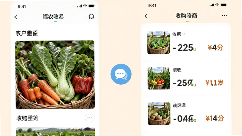 展示福农通APP内的交易页面,左侧为农户发布的蔬菜图片,右侧为收购商报价列表,中间有聊天气泡图标,背景为柔和的米色,界面元素清晰,字体加粗突出价格信息,风格简约现代,高清,干净,无多余元素