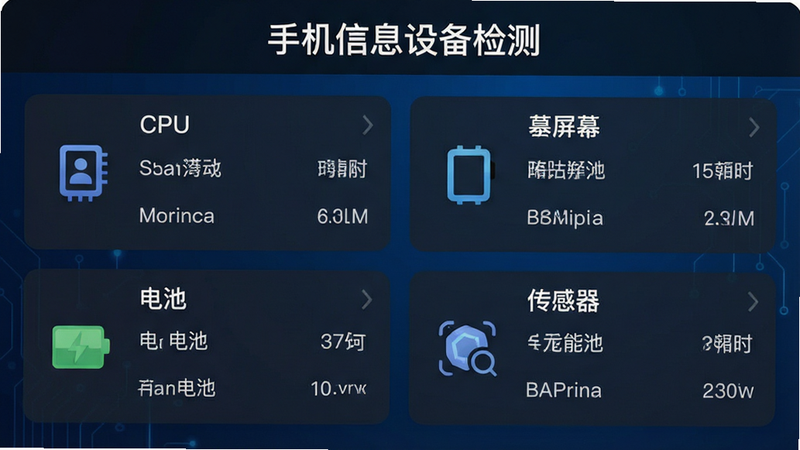 一张展示手机信息设备检测APP主界面的高清截图,界面采用深色科技风,顶部显示“手机信息设备检测”标题,下方分为CPU、屏幕、电池、传感器四个主要模块,每个模块内有清晰的图标和数据列表,背景为干净的深蓝色渐变,无多余装饰,风格专业简洁,高清,无水印,4k分辨率,扁平化设计,UI界面清晰