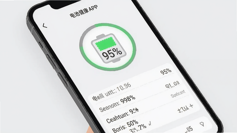 一个手机界面示意图,显示手机信息设备检测APP的电池健康度页面,背景为浅灰色,中间有一个圆形电池图标,显示绿色进度条和“95%”字样,下方列出电压、温度、容量等详细数据列表,字体清晰,布局整洁,风格现代简约,高清,无多余元素,UI设计专业