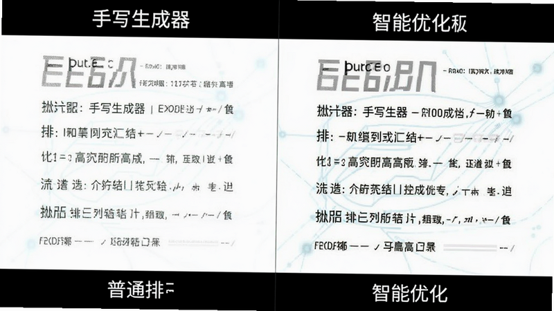 展示“手写生成器”排版对比图,左侧为普通排版,右侧为智能优化排版,布局左右分屏,排版对比明显,风格科技感,细节突出行间距优化效果,画质清晰,背景纯白,无干扰元素