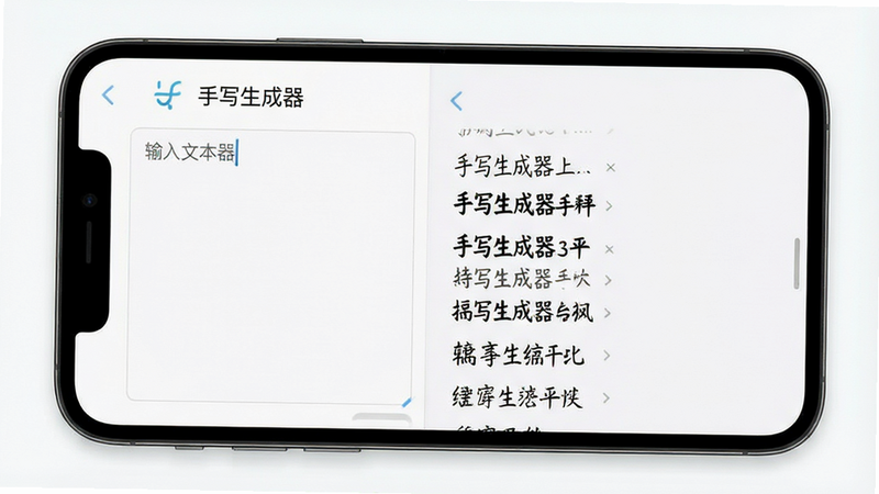 一张高清的手机屏幕截图,主体显示“手写生成器”APP界面,布局清晰,左侧为输入文本框,右侧为实时预览区,排版整洁,风格简约现代,细节处展示多种手写字体列表,画质清晰,无多余元素,背景干净