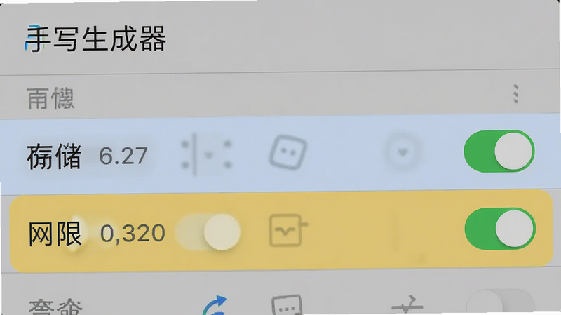 手机设置界面截图,显示“手写生成器”权限管理页面,布局为列表形式,高亮显示存储与网络权限选项,排版清晰,风格系统原生,细节突出开关状态,画质清晰,背景简洁,无多余图标