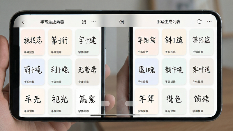 手机界面展示“手写生成器”字体选择列表,布局为网格状卡片,每张卡片展示不同手写样字,排版整齐,风格扁平化,细节显示字体名称与预览效果,画质高清,色彩柔和,无杂乱背景