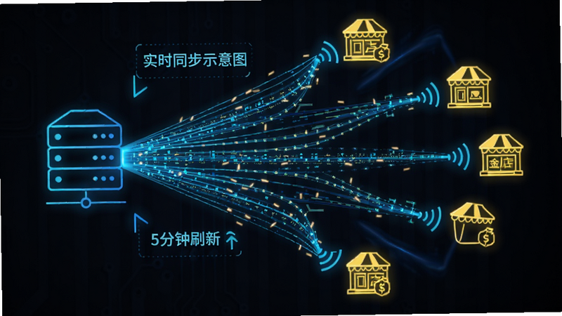 主体为数据同步示意图,布局为左侧是服务器图标发出光线,右侧是多个金店图标接收信号,排版呈放射状,风格为科技感线条图,细节包括流动的数据光点和“5分钟刷新”字样,画质清晰,干净,无多余元素,文字包含