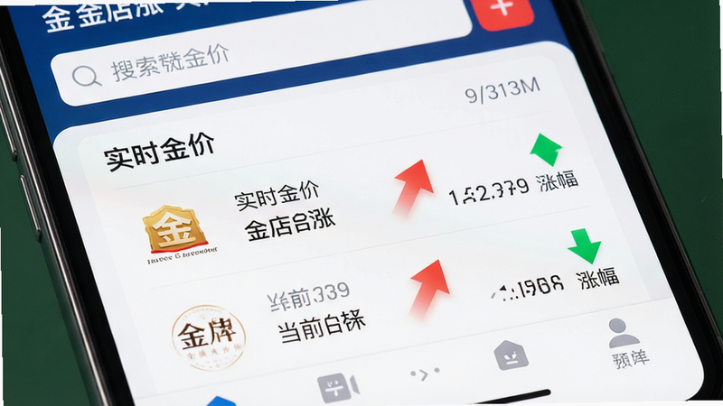主体为手机屏幕特写,显示“金店涨”APP界面,布局为顶部搜索栏、中部实时金价列表(包含品牌Logo、当前价格、涨跌幅箭头)、底部导航栏,排版整洁清晰,风格为现代扁平化设计,细节包括高亮的红色上涨箭头和绿色下跌箭头,画质高清,干净,无多余元素,文字包含