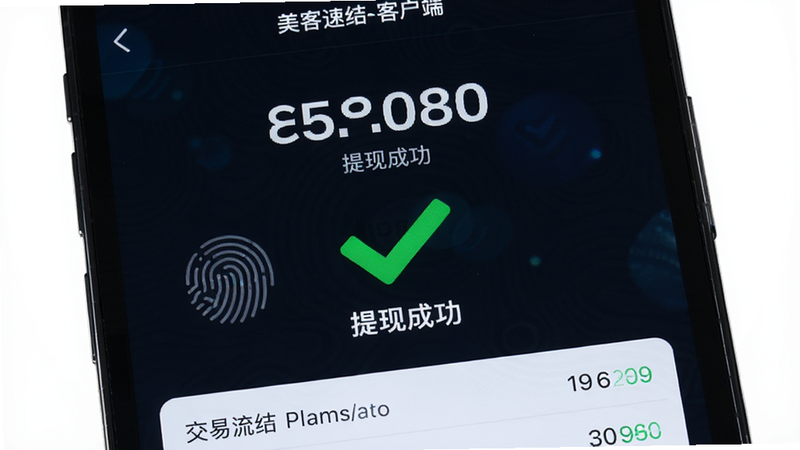 主体是手机屏幕特写,显示美客速结-客户端的提现成功界面,布局中心有一个绿色的大对勾,上方显示金额数字,下方列出交易流水记录,排版紧凑有序,风格科技感强,细节包含指纹识别图标表示安全验证,画质高清晰,干净,无多余元素,文字“提现成功”