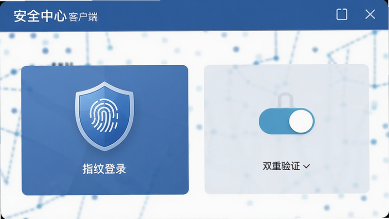 主体是美客速结-客户端的安全设置界面,布局突出显示“指纹登录”和“双重验证”开关,排版简洁明了,风格稳重可信,细节展示盾牌图标,画质高清,干净,无多余元素,文字“安全中心”