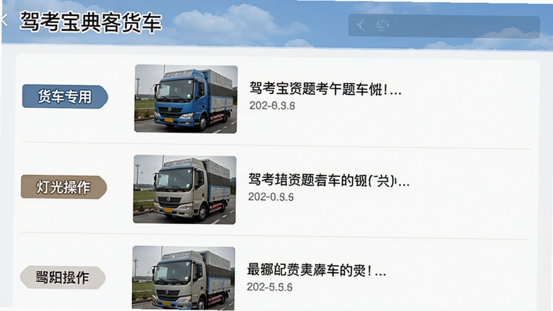 生成一张展示题库列表的界面图,主体为“驾考宝典客货车”题库页面,背景白色,布局为列表形式,左侧有分类标签如“货车专用”、“灯光操作”,右侧是题目缩略图,风格扁平化,细节清晰,画质高清,干净无多余元素