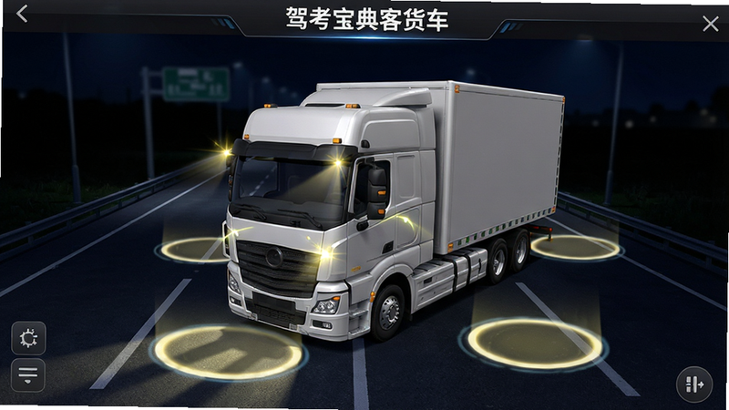 生成一张灯光模拟界面图,主体为“驾考宝典客货车”灯光模拟页面,背景为夜间道路场景,布局中央是一个大型货车的3D模型,周围有光圈指示灯光位置,风格写实,细节丰富,画质超清,干净无多余元素