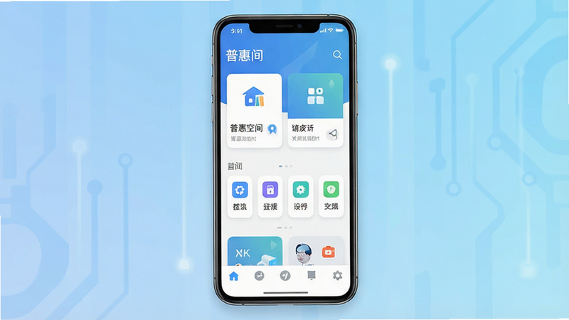 一张展示“普惠空间”安卓应用主界面的高清概念图,主体为手机屏幕,显示简约现代的UI设计,包含首页卡片、功能图标和底部导航栏,背景为柔和的科技蓝渐变,布局整洁,排版清晰,风格扁平化,细节丰富,画质4k,干净,无多余元素