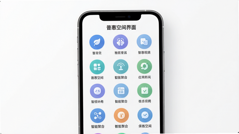 “普惠空间”应用的功能聚合界面展示,手机屏幕居中,显示多个圆形功能图标整齐排列,背景为白色简洁风格,突出“智能聚合”概念,文字标签清晰可见,排版对称,风格现代,细节精致,画质高清,干净,无多余元素