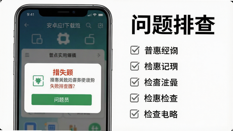 “普惠空间”安卓应用下载失败排查界面示意图,手机屏幕显示错误提示框,旁边配有检查清单,背景为白色,文字“问题排查”清晰,布局有序,风格专业,细节丰富,画质高清,干净,无多余元素
