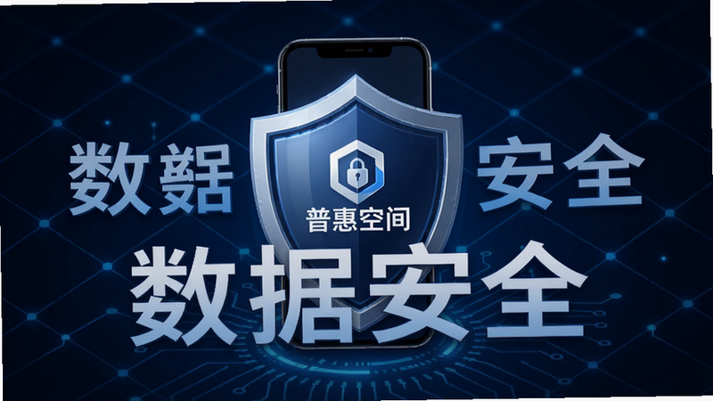 “普惠空间”的安全防护概念图,主体为手机被盾牌保护,盾牌上带有“普惠空间”Logo,背景为深蓝色科技网格,象征安全与稳定,文字“数据安全”醒目,布局中心对称,风格严谨,细节清晰,画质极高,干净,无多余元素