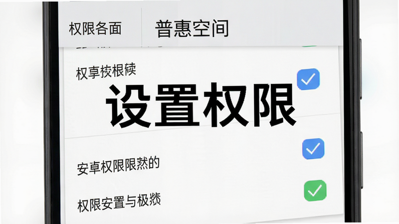 “普惠空间”安卓应用安装与设置界面示意图,手机屏幕显示权限设置列表,勾选状态清晰,背景为浅灰色,文字“设置权限”突出,布局简洁,风格实用,细节明确,画质清晰,干净,无多余元素