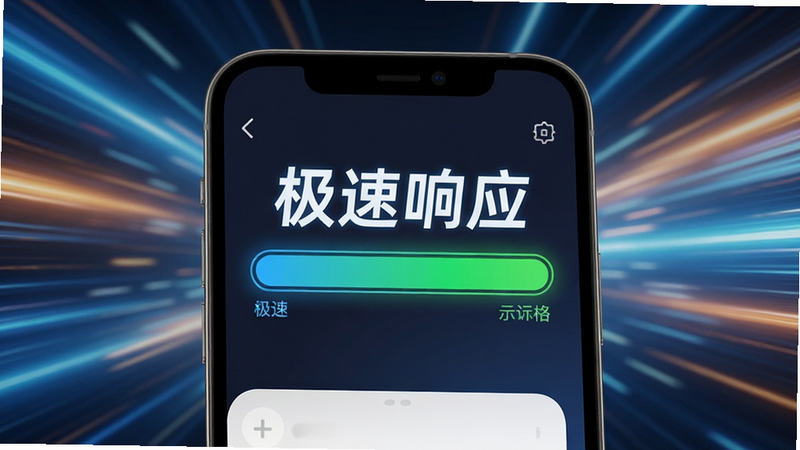 “普惠空间”应用的速度对比示意图,手机屏幕显示加载进度条瞬间满格,背景为动态模糊的光效,象征极速,文字“极速响应”突出,布局动感,风格科技,细节流畅,画质清晰,干净,无多余元素