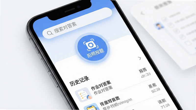 һ��չʾ����ҵ�Դ𰸡�APP���Ľ���ĸ���UI���ͼ������Ϊ�ֻ���Ļ�����ְ����������������м������ġ��������⡱Բ�ΰ�ť�Լ��·��ġ���ʷ��¼���б����Ű��������򣬷��Ϊ��ƽ���ִ��Ƽ��磬ϸ�ڴ��ɼ���͵���ӰЧ�������������ֱ�ǩ�����ʸ��壬�ɾ��޶���Ԫ�أ����ֱ�ע����ҵ�Դ𰸡�