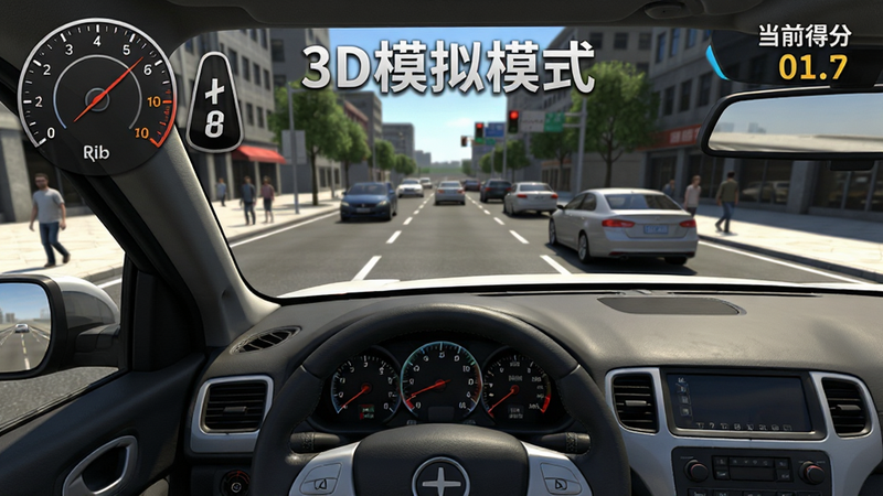 主体为驾考宝典科目三3D模拟驾驶场景,布局展示第一人称视角的驾驶舱,前方是逼真的城市街道,两侧有行人和车辆,屏幕左上角显示速度表和档位,右上角显示当前得分,风格写实主义,细节丰富,光影效果逼真,文字“3D模拟模式”悬浮显示,画质清晰,干净,无多余元素