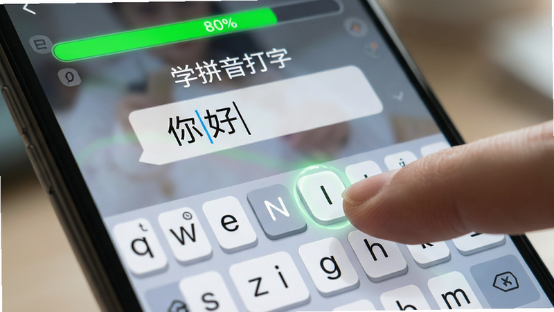 手机屏幕特写,显示“学拼音打字”的练习界面。屏幕上方显示进度条,已填充80%,颜色为亮绿色。中间区域显示一个拼音输入框,正在输入“你好”,下方是虚拟键盘,手指正在点击“N”和“I”键。键盘按键具有立体光影效果,点击时有微弱的发光反馈。背景模糊处理,突出前景的操作细节。风格写实,光线柔和,体现操作的流畅性与即时反馈感。