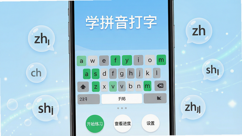 主体为一部竖立的现代智能手机,屏幕中央显示“学拼音打字”应用界面,界面采用极简扁平化设计,背景为浅蓝色渐变。屏幕上方有大号白色标题“学拼音打字”,中间区域展示26个英文字母键位图,键位呈QWERTY标准排列,部分键位高亮显示为绿色,表示已掌握,部分为灰色,表示待练习。屏幕下方有三个圆形按钮,分别标注“开始练习”、“查看进度”、“设置”。手机周围漂浮着半透明的拼音音节气泡,如“zh”、“ch”、“sh”,营造科技感与学习氛围。整体风格清新、明亮,画质高清,无多余装饰元素,突出软件的专业性与易用性。