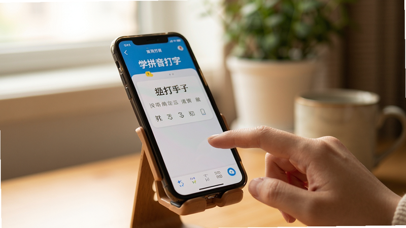 手机放在桌面支架上,屏幕显示“学拼音打字”的练习界面,背景虚化,突出屏幕内容。一只手正在操作手机,手指位置正确,光线柔和。画面传达出专注、舒适的学习氛围。风格生活化,色调温馨,画质清晰,无杂乱背景。