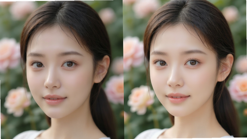 展示花美折人像美化前后对比效果的图片,左侧为原图,右侧为美化后的效果,人物面部光滑细腻,眼神明亮,背景虚化自然,画面清晰,突出软件的美颜能力,风格现代简约,无水印,高质量摄影风格