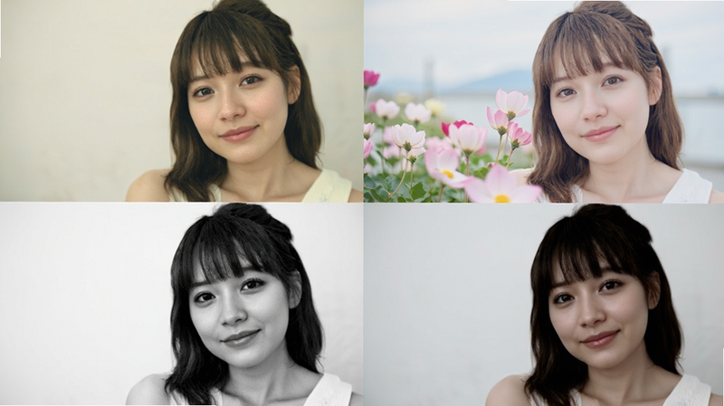 展示花美折多种滤镜效果展示的拼图,包含复古、日系、黑白等四种风格,每张小图中的人物表情自然,色彩饱满,排版整齐,背景干净,突出滤镜的多样性与美感,高清细节,无杂乱元素
