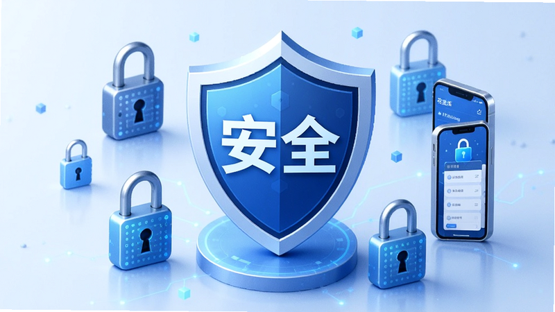 一张展示数据安全与隐私保护概念的图片,主体为盾牌图标,周围环绕着锁头与手机界面,象征花美折的安全防护能力,风格科技感强,蓝色调为主,文字“安全”醒目,背景简洁,无杂乱元素,高清画质