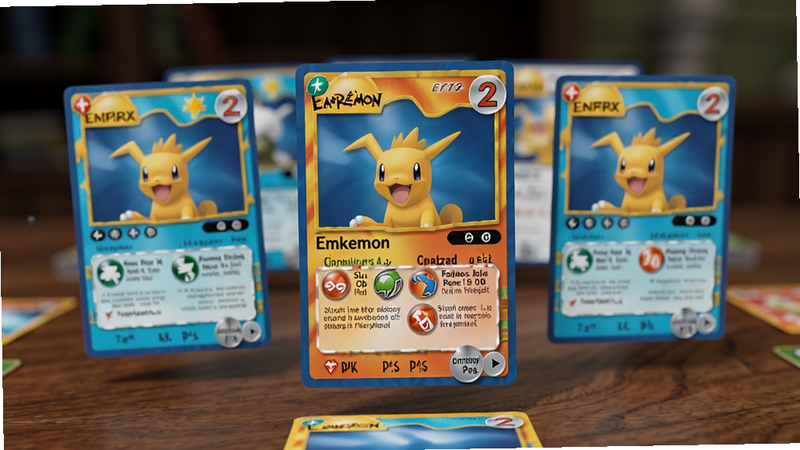 展示Empress: Pokémon 2D的卡牌对战界面,主体为几张精美的宝可梦卡牌悬浮在桌面上,布局聚焦于卡牌细节,排版突出卡牌边框纹理与技能图标,风格为写实与卡通结合的渲染效果,细节清晰可见卡牌上的属性标识,画质锐利,背景虚化突出主体,无杂乱元素