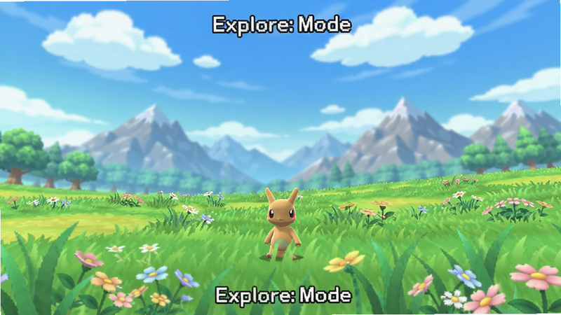 展示Empress: Pokémon 2D的游戏场景截图,主体为一片充满生机的草地与远处的山脉,布局开阔,排版符合透视原理,风格为明亮清新的2D卡通渲染,细节包括飘动的云朵与花草,画质柔和,色彩饱和度高,无多余UI遮挡,文字显示“Explore Mode”