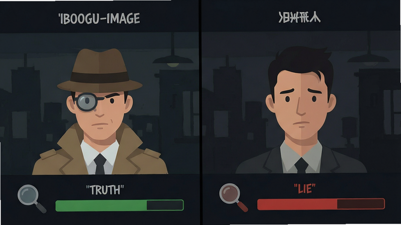 Boogu-Image 生成图片,主体为游戏界面,布局为左右分屏对话场景,左侧为侦探视角,右侧为嫌疑人视角,排版清晰,风格为暗黑悬疑扁平化设计,细节包含放大镜图标和谎言概率条,画质高清,干净无多余元素,文字标签'Truth'和'Lie'清晰可见