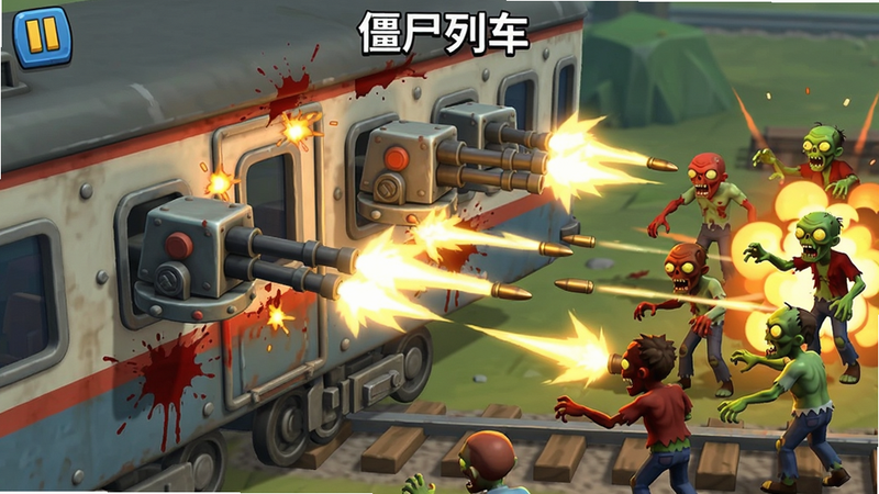“僵尸列车”游戏内的战斗场景特写,展示一辆列车侧面,多座自动炮塔正在向周围涌来的不同形态僵尸开火,子弹轨迹清晰可见,僵尸呈红绿色调,布局充满动感,排版紧凑,风格为卡通渲染,细节包括爆炸特效和血迹,画质清晰,干净,无多余元素