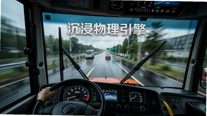 动态驾驶视角,从巴士驾驶舱向外看,仪表盘清晰可见,前方是雨天的湿滑路面,雨刷摆动,画面带有轻微运动模糊,文字“沉浸物理引擎”悬浮在玻璃上方,氛围感强,画质细腻