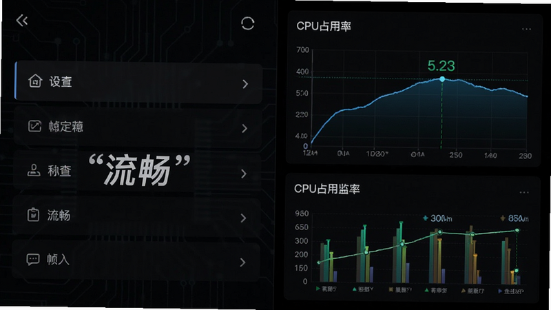 主体为游戏设置界面与手机性能监控图表,布局为左右分栏,左侧为设置选项,右侧为CPU占用率曲线,排版清晰,风格为极简科技风,细节展示帧率稳定数值,画质清晰,干净背景,文字“流畅”加引号标注