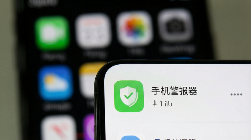 主体为手机任务管理器界面,显示“手机警报器”正在后台运行,带有绿色盾牌图标,背景模糊,突出前台应用与后台服务的对比,风格写实,清晰