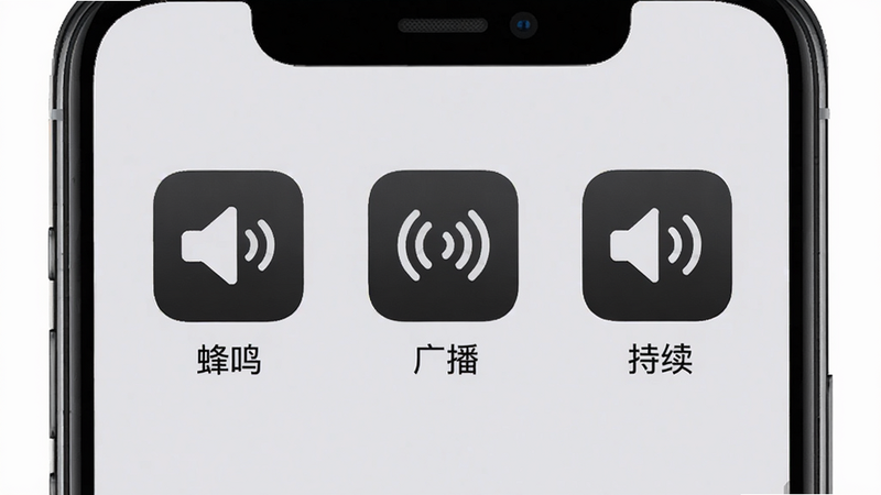 主体为手机界面,展示三个不同的音效图标,分别标注“蜂鸣”、“广播”、“持续”,背景为浅灰色,图标设计简洁明了,排版整齐,高清,无水印