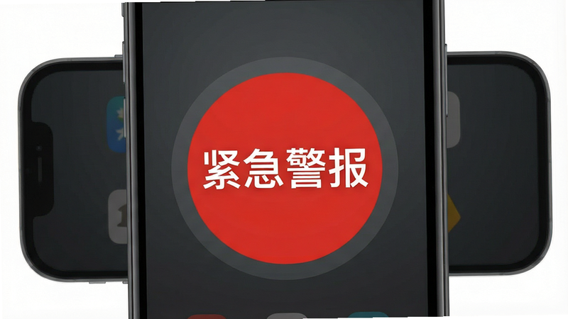 主体为智能手机正面,屏幕显示极简UI界面,中央有一个巨大的红色圆形按钮,按钮上写着“紧急警报”四个白色大字,背景为深灰色渐变,整体风格扁平化,高清,无多余元素