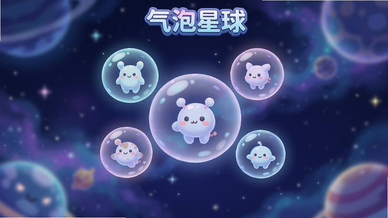主体为《气泡星球》游戏主界面,中央悬浮着几个半透明的彩色气泡,气泡内隐约可见可爱的卡通生物轮廓,背景是深邃的星空与柔和的星云光晕,整体色调为梦幻蓝紫色,风格清新治愈,画质高清,细节丰富,无多余杂乱元素,居中构图,干净明亮