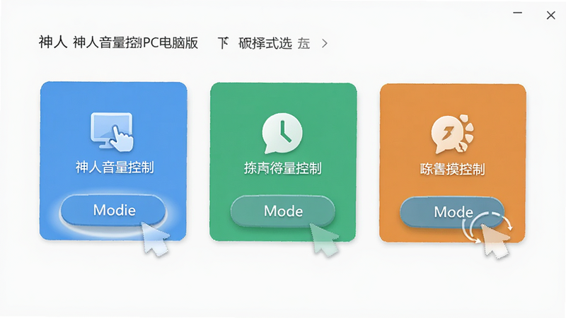 神人音量控制PC电脑版场景模式选择界面,主体为三个并排的卡片式按钮,布局水平分布,每个按钮代表一种模式,排版简洁,风格扁平化设计,细节展示按钮点击高亮效果,画质清晰,干净无多余元素