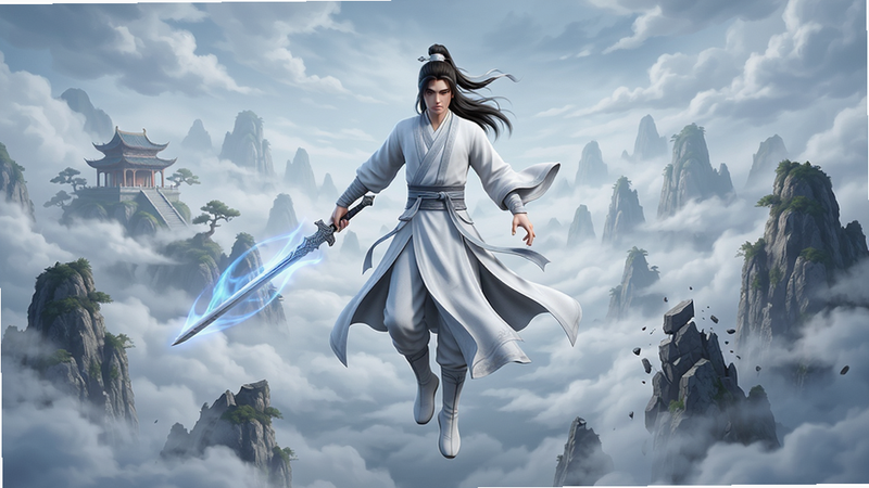 主体为《剑雨九天》游戏主视觉,布局采用中心对称式构图,一名身着白衣的剑客悬浮于半空,手持长剑,背景是云雾缭绕的九天仙境与破碎的山峦,排版简洁大气,风格为高清写实3D渲染,细节展现衣角飘动与剑气流光,画质4k超清,干净,无多余元素