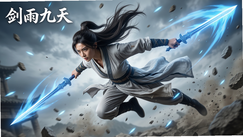 主体为《剑雨九天》角色释放技能瞬间,布局为动态斜切构图,角色在空中飞跃,身后拖尾出蓝色剑气轨迹,周围碎石飞溅,排版聚焦于动作张力,风格为动感写实,细节捕捉发丝飞扬与衣物褶皱,画质高清,干净,无多余元素