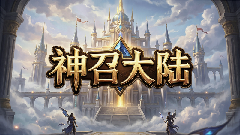 一张高清的游戏主视觉图,主体为神召大陆的游戏标题Logo,背景是宏大的神界宫殿与云雾,布局居中排版,风格为史诗奇幻,细节丰富,画质4k,干净无多余元素,文字“神召大陆”清晰可见