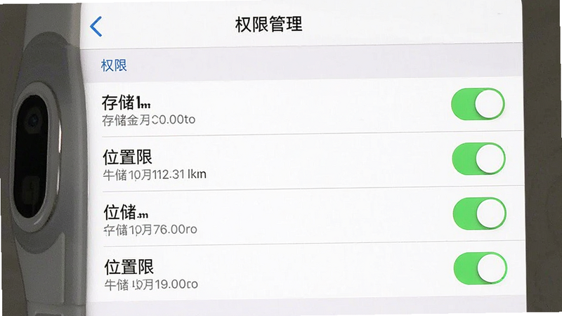 展示手机设置界面中关于应用权限管理的截图,主体为权限列表,布局为纵向列表,风格为iOS/Android系统UI,细节显示存储、位置权限开关,画质清晰,干净,无多余元素,文字“权限管理”