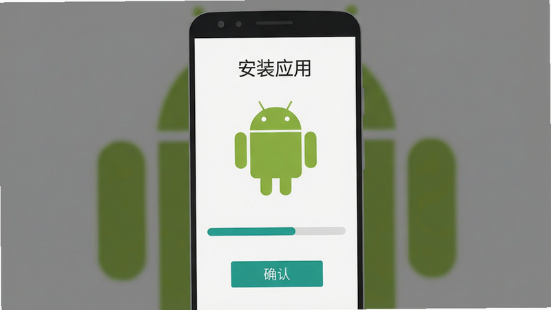 展示手机应用安装界面的示意图,主体为安装进度条与确认按钮,布局为居中大图,风格为简洁扁平化设计,细节显示安卓机器人图标,画质清晰,干净,无多余元素,文字“安装应用”